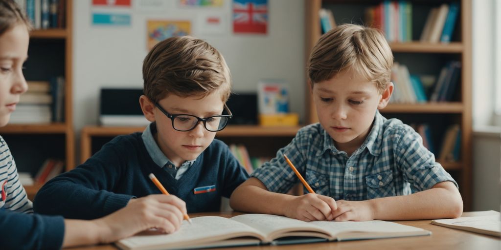 Kids using books and flashcards to learn languages
