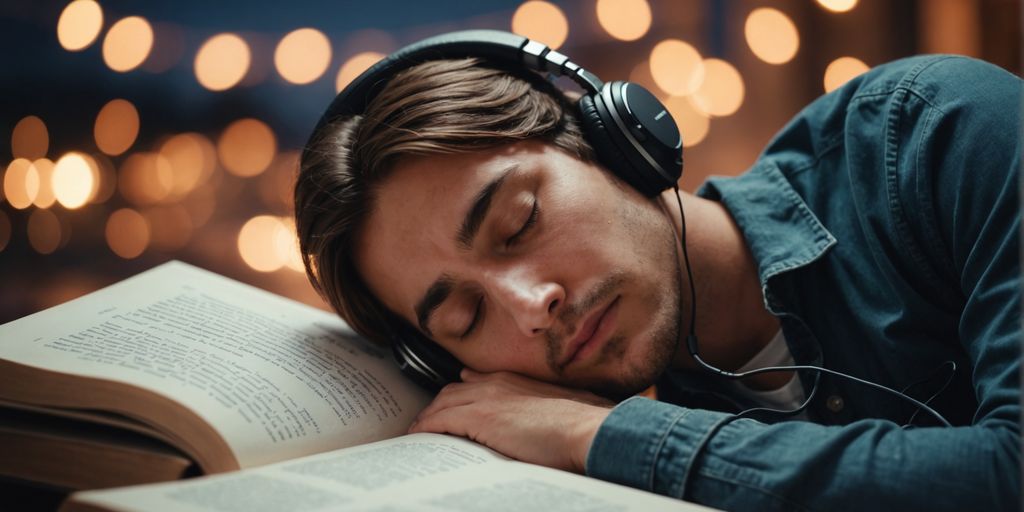 Sleeping person with book and headphones, dreamy background